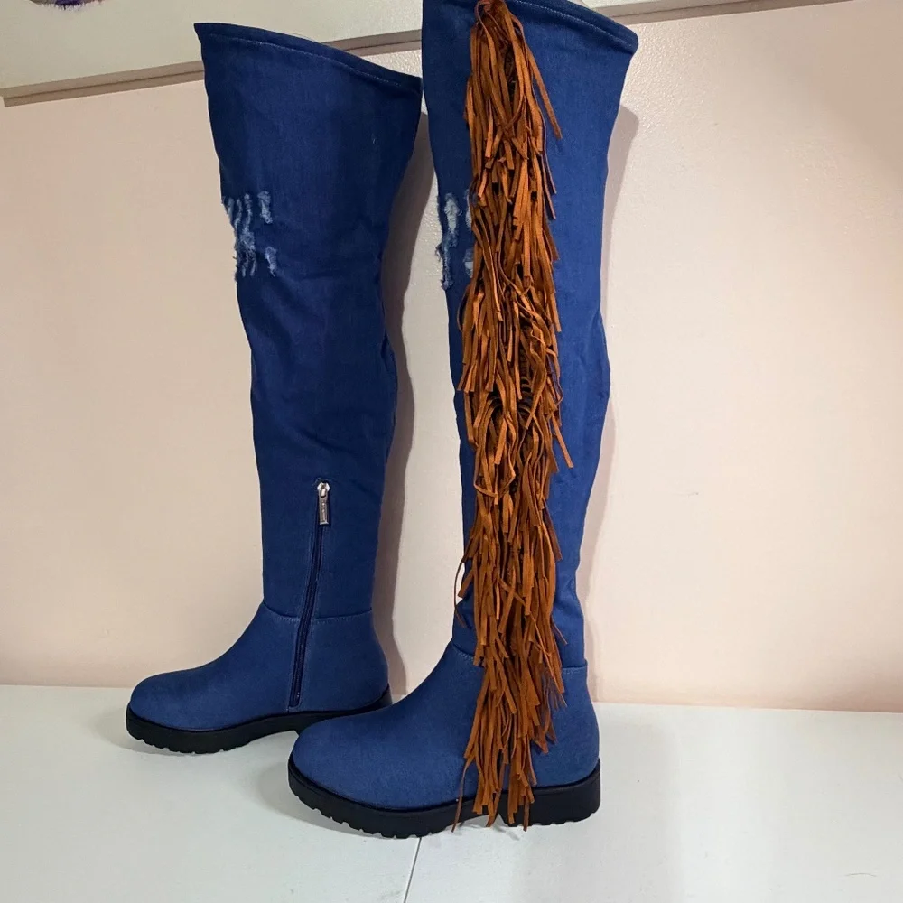 Cape Robbin Blue Denim Like Fabric Distressed Patches Fringe Detail OTK Boots